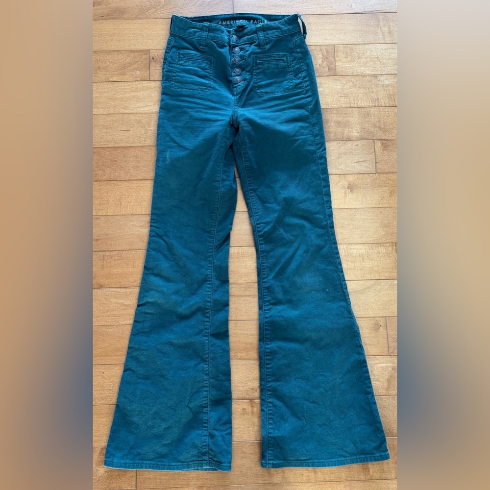 American Eagle Green Button-Fly Flare Jeans